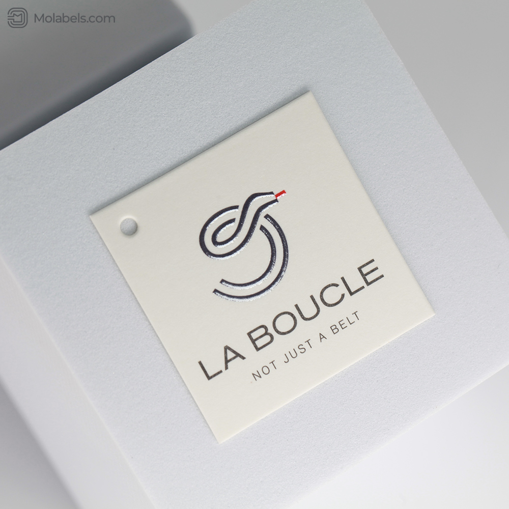 Off white square belt hang tags with uv logo